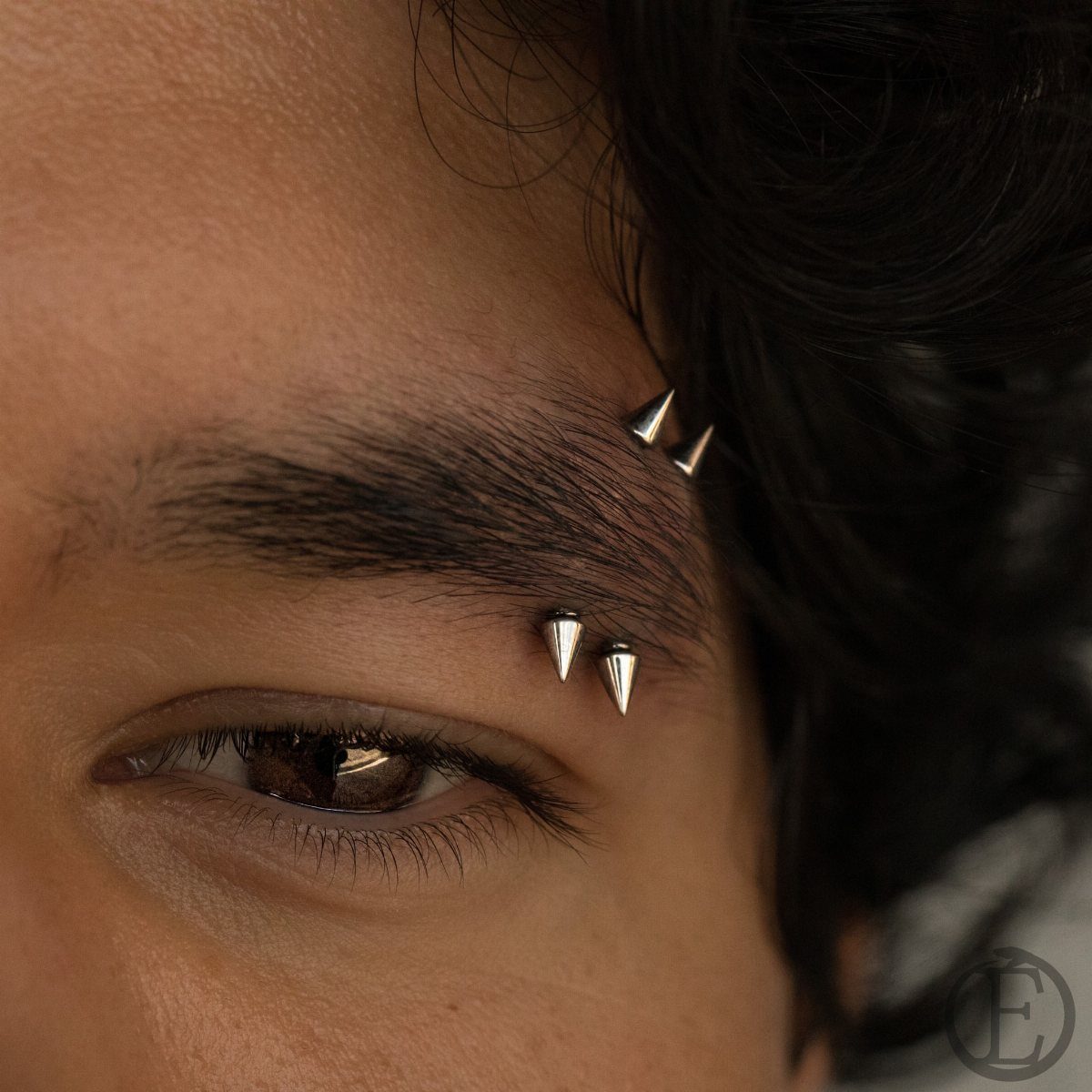 Person's eyebrow with two silver double-cone barbell piercings in the brow hair.