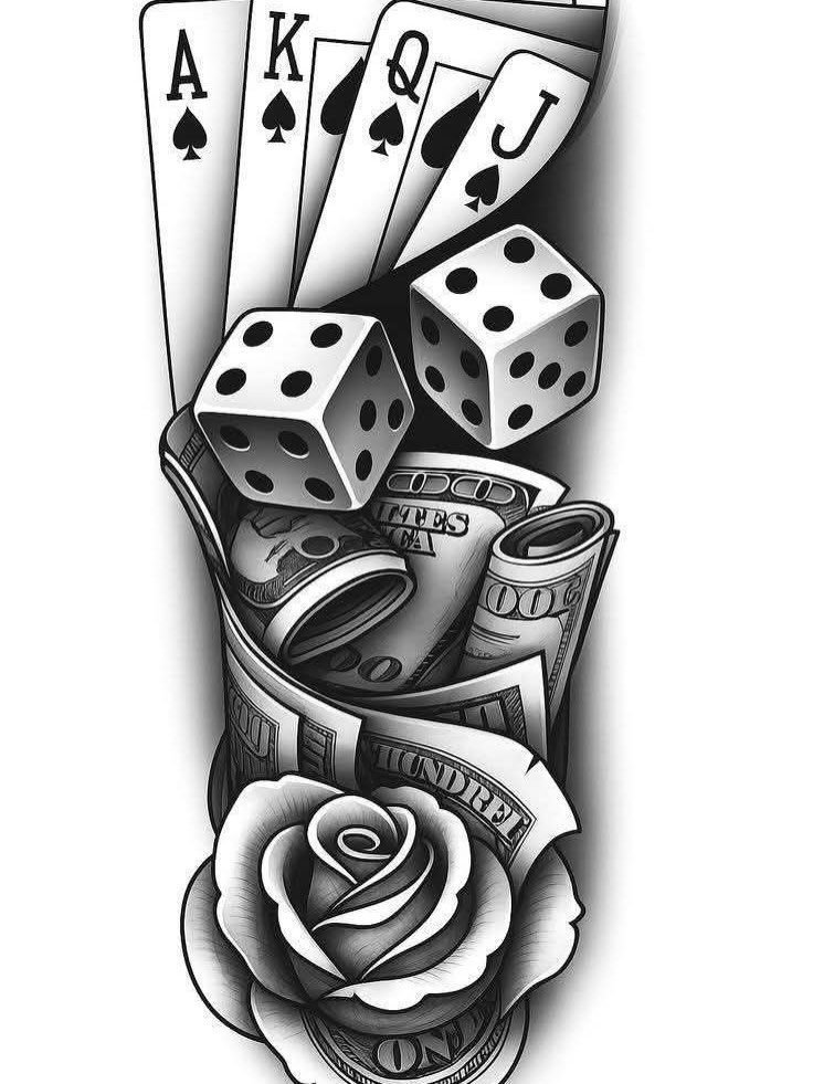 Tattoo design with playing cards, dice, dollar bills, and a rose in black ink.
