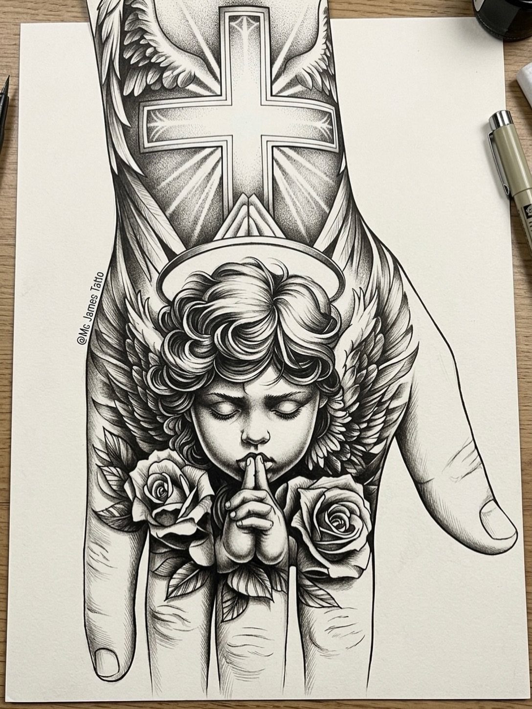 Tattoo design of a praying cherub with roses and a large cross on hand.