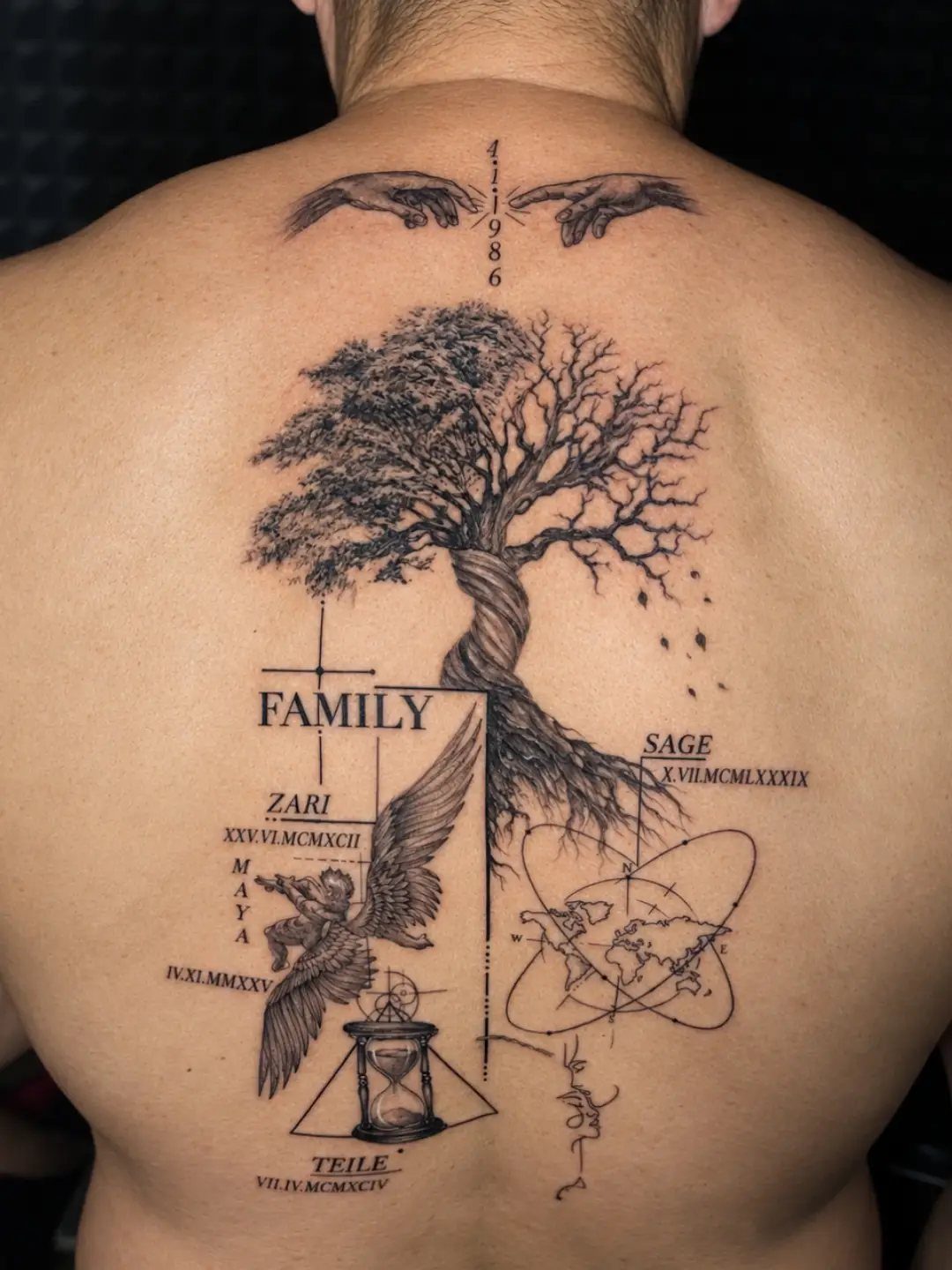 Detailed black ink back tattoo featuring a tree, angel, and family names.