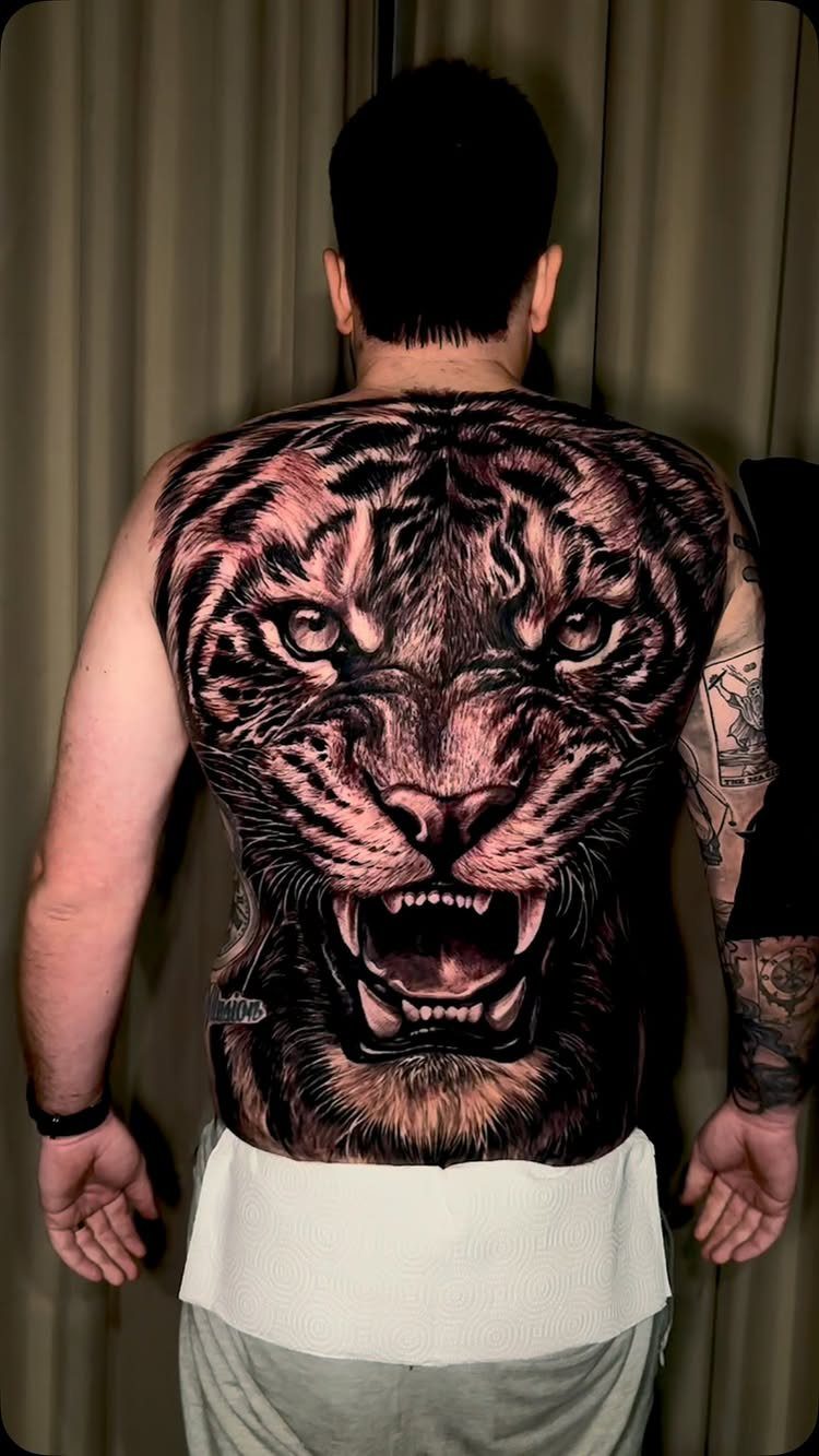 Roaring tiger realism tattoo covering the entire back of a man.