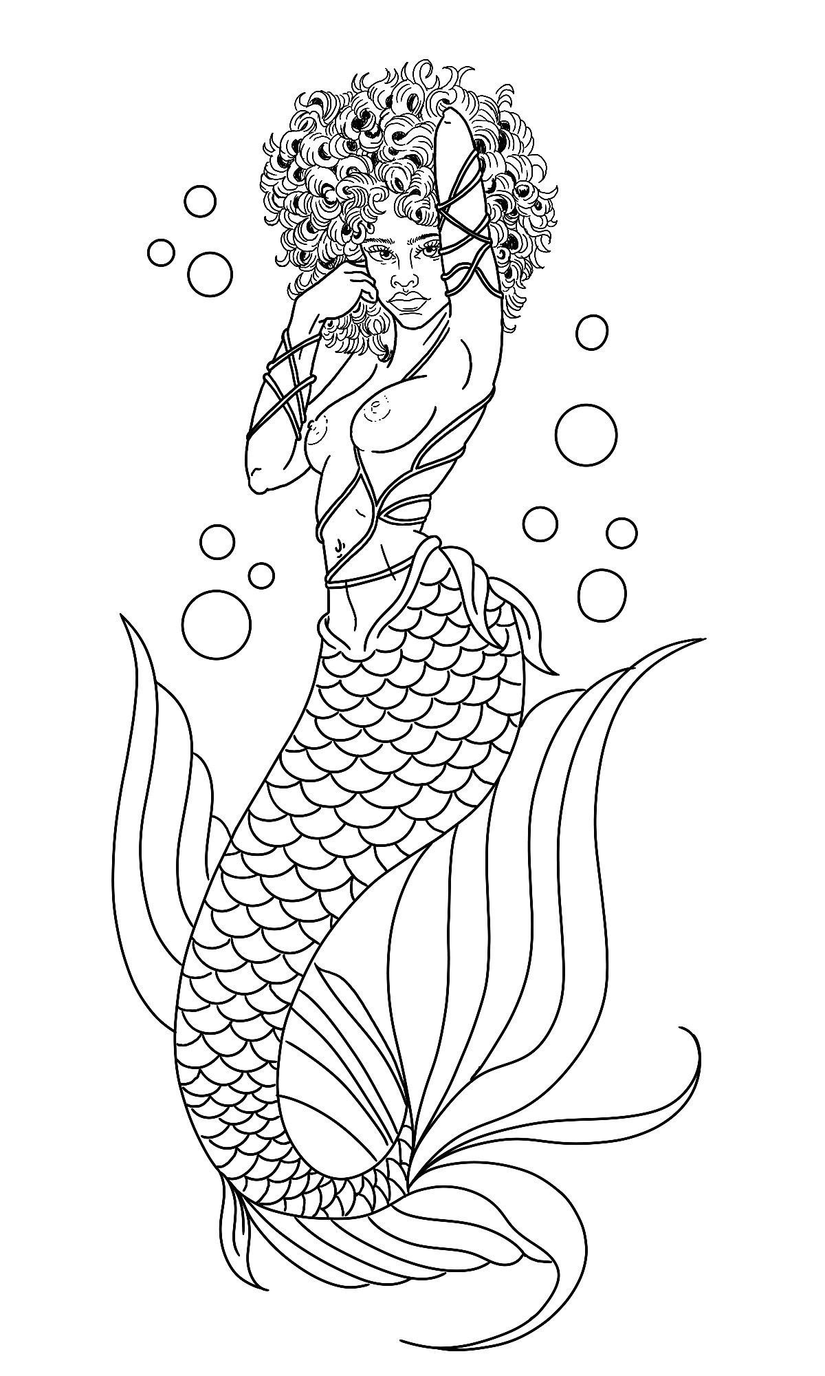 8 Black Mermaid Tattoo Ideas with Afro, Locs and Scales 3 Mermaid with voluminous curly hair and a scaled tail in a line drawing.