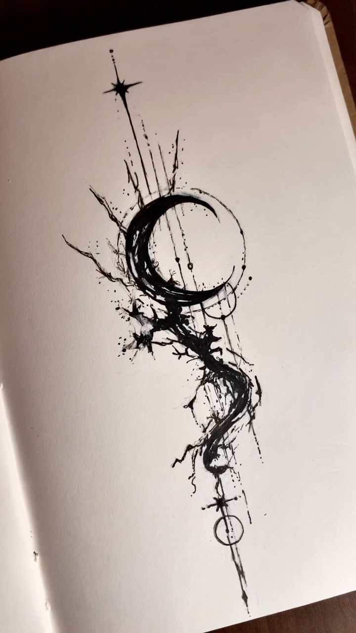 Abstract ink drawing of a crescent moon and star with swirling lines.