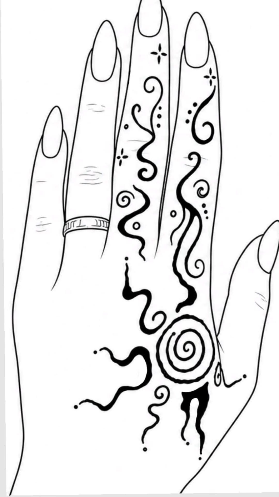 Hand drawing with curved line tattoo featuring spirals, dots, and small stars.