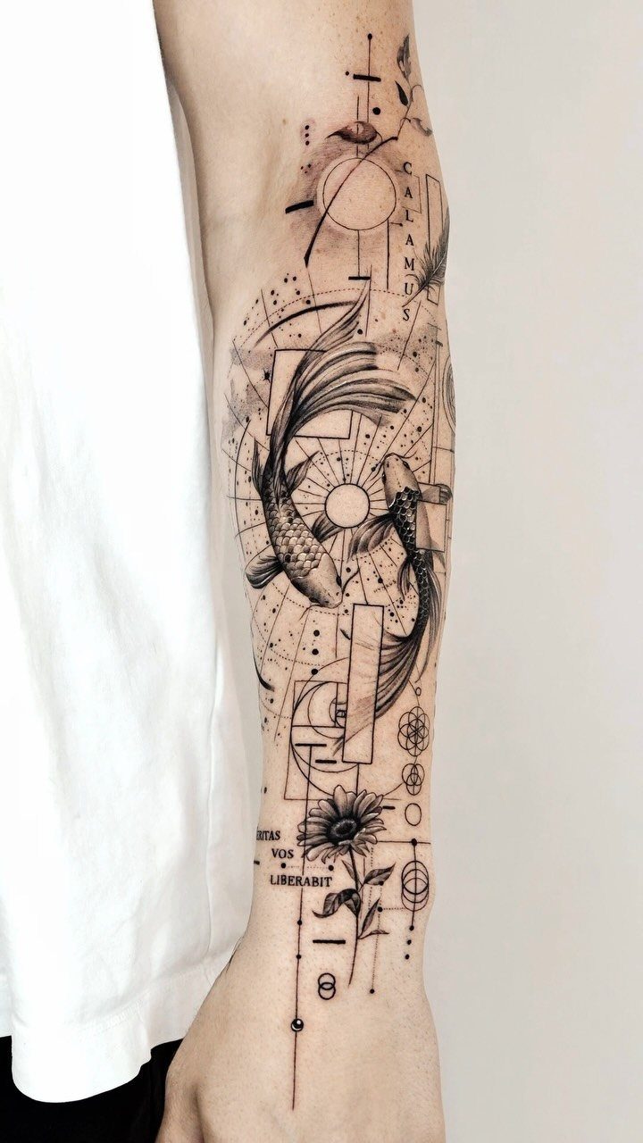 Koi fish tattoo with geometric elements and a sunflower on a forearm