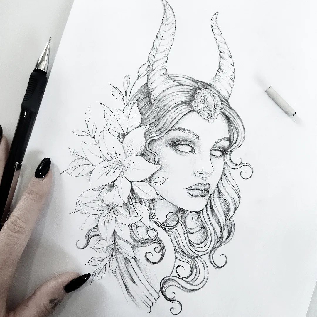 Pencil sketch of a horned woman with lilies, next to a hand and pen.