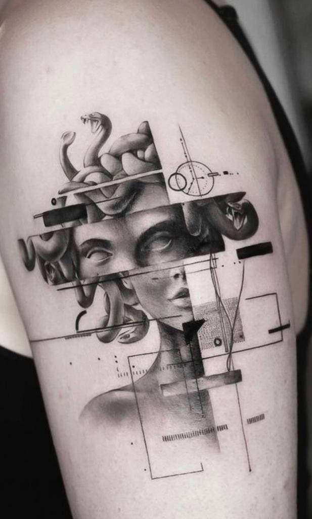 Abstract Medusa tattoo on an arm featuring a fragmented face with snakes and geometric lines.