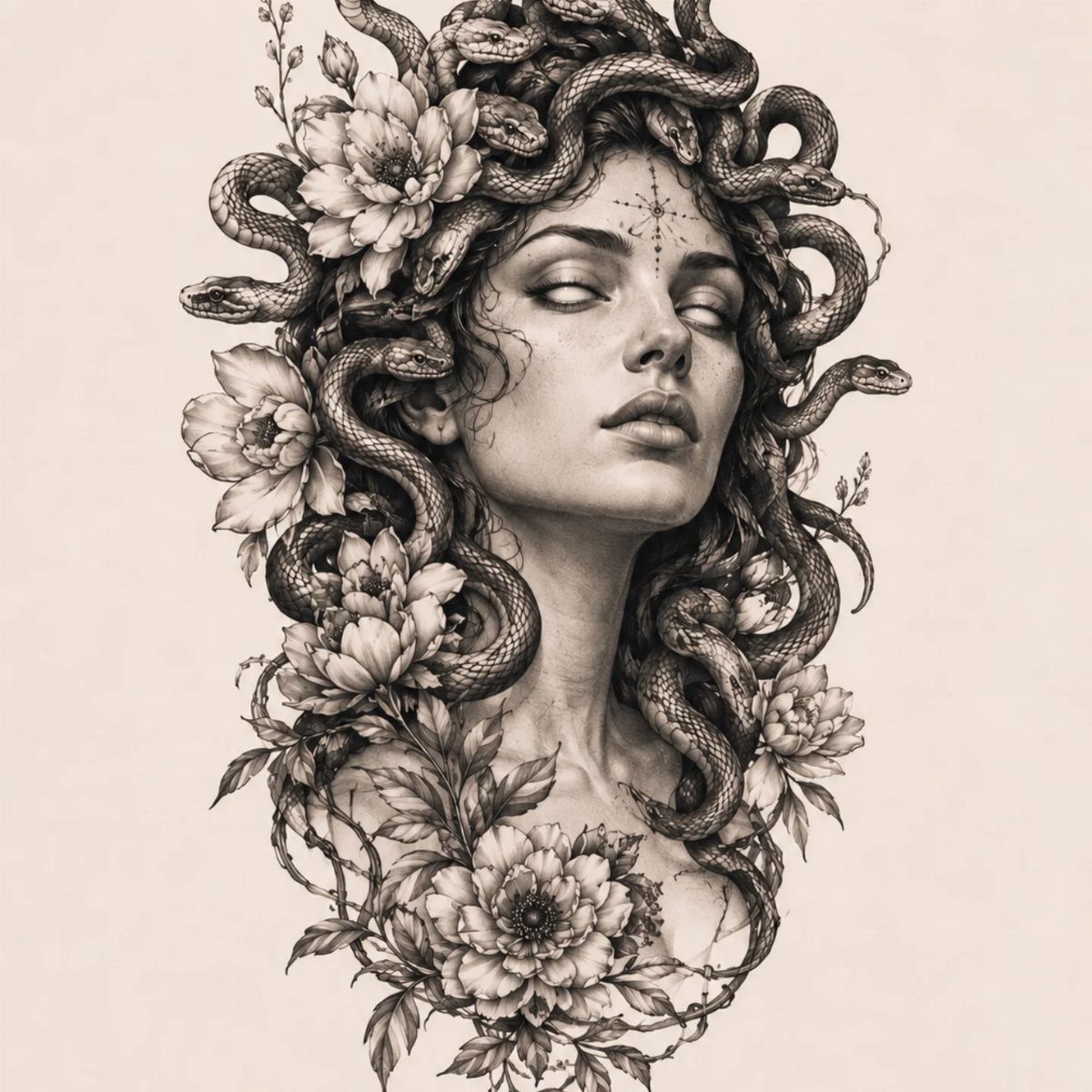 Feminine Medusa portrait with snakes for hair and blooming floral accents.