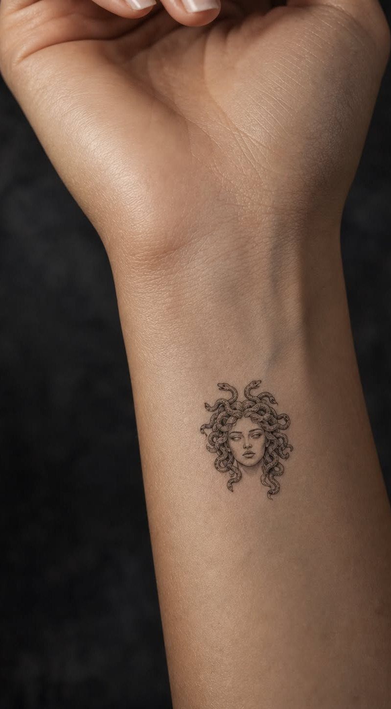 Medusa head tattoo with snakes on a person's inner forearm in black ink