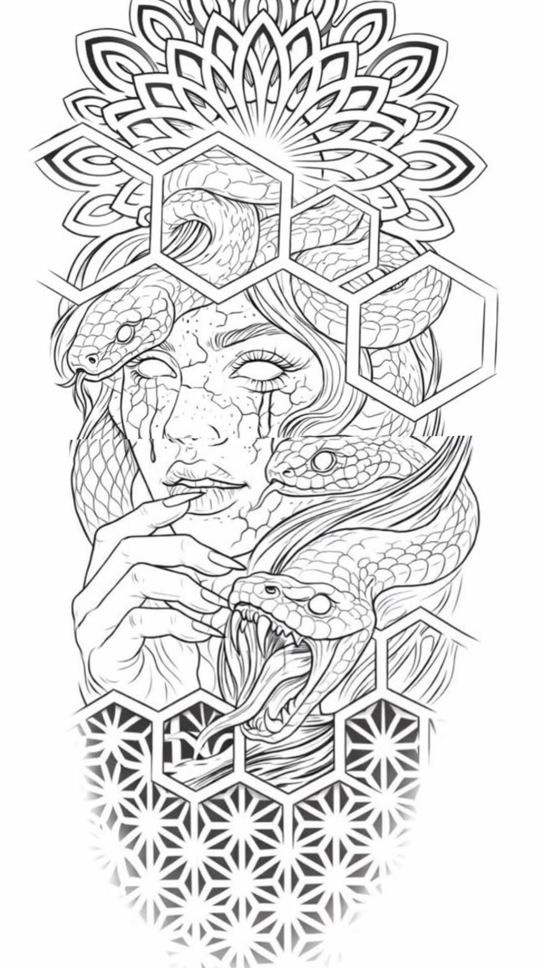 Medusa tattoo design with snakes and geometric hexagons and mandala patterns