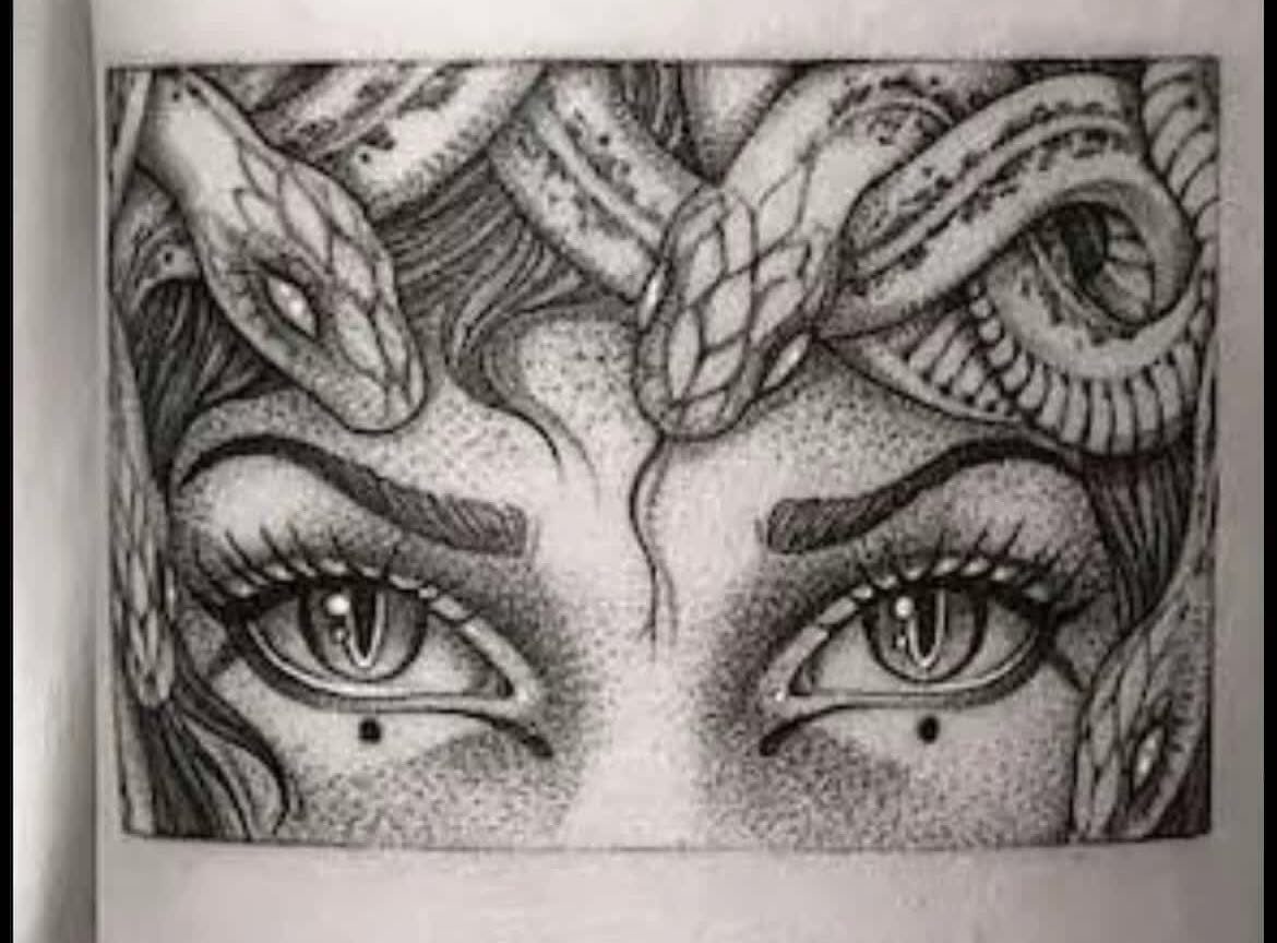 Medusa's eyes and eyebrows with snakes entwined around her head in stippled art.