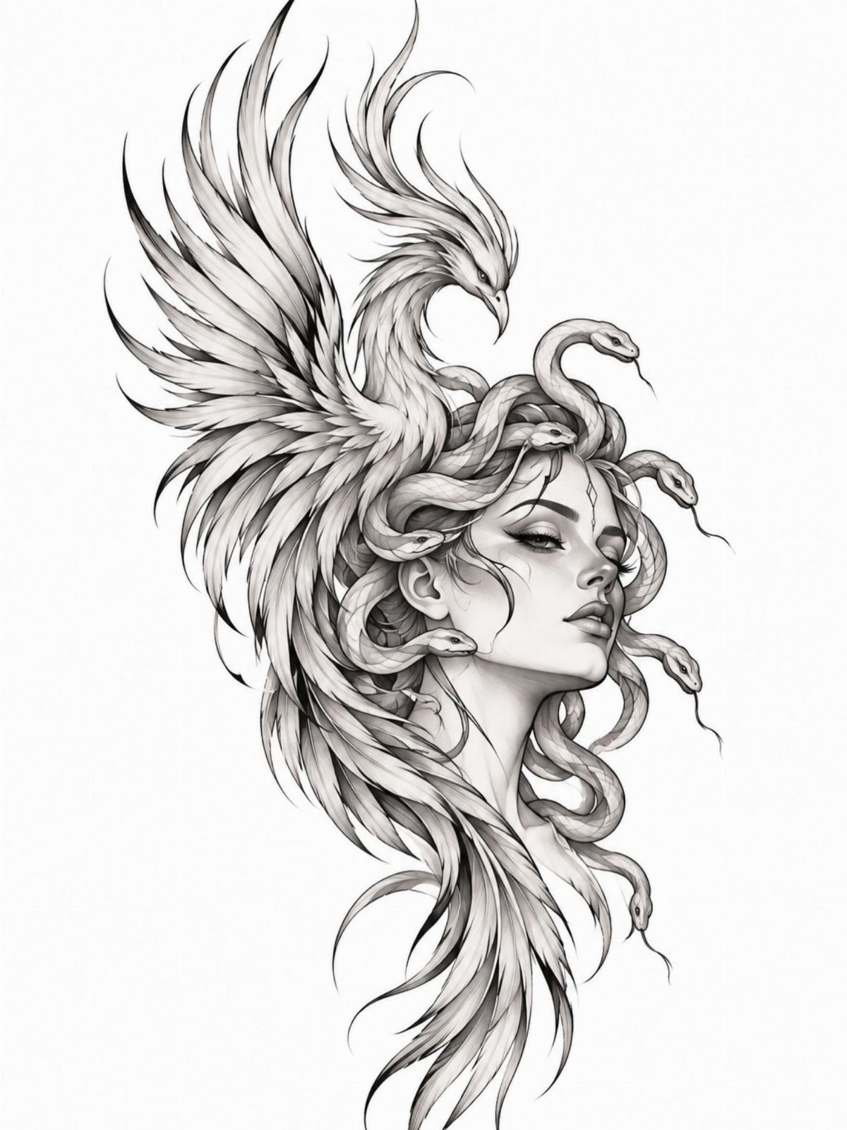 Medusa drawing with snakes for hair and a large feathered wing