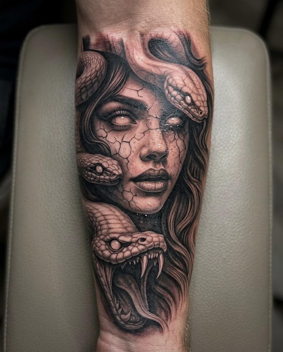Medusa tattoo on forearm showing a face transitioning from smooth skin to cracked stone.