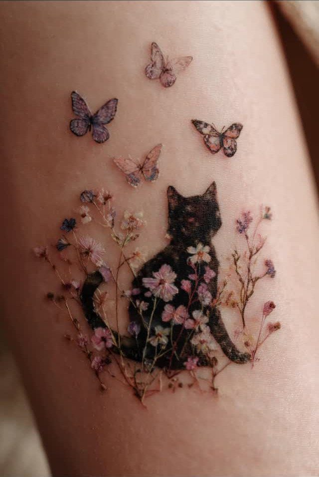 Black cat tattoo silhouette surrounded by pink flowers and purple butterflies on skin