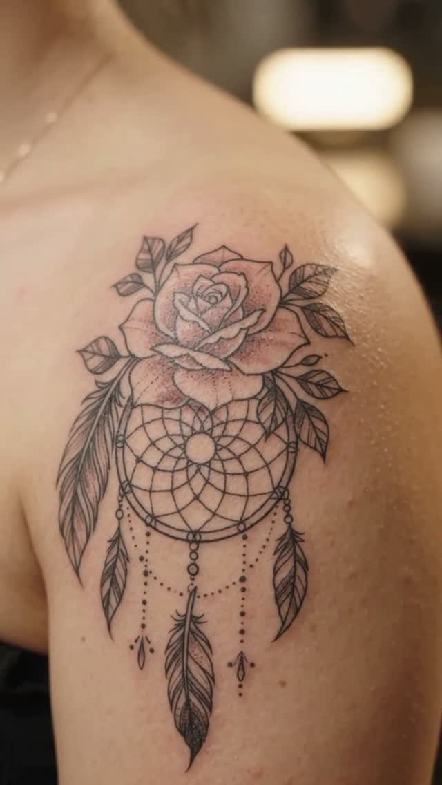 Rose and dreamcatcher tattoo with feathers on a person's shoulder