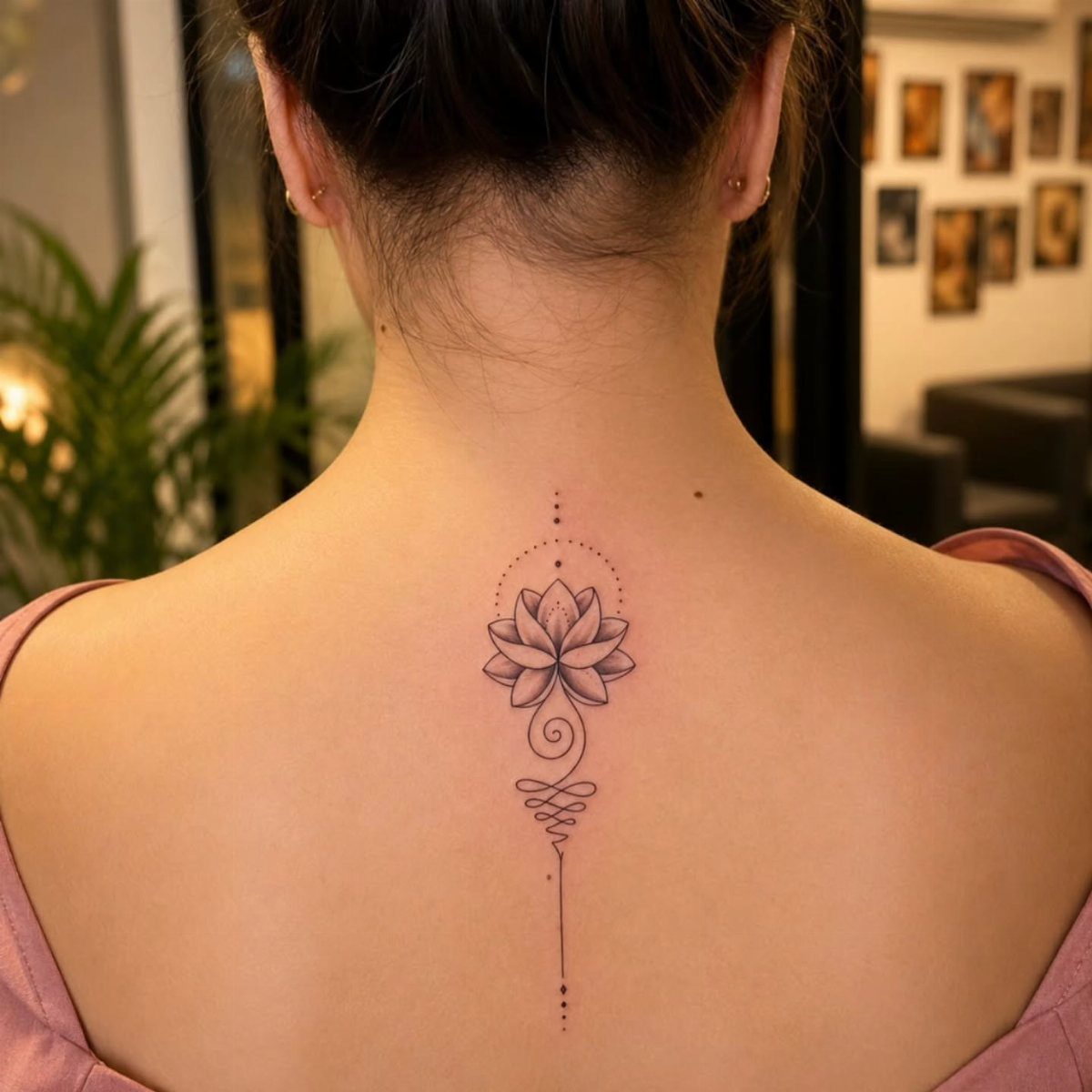 Lotus flower tattoo with decorative line work on a woman's upper back and neck.