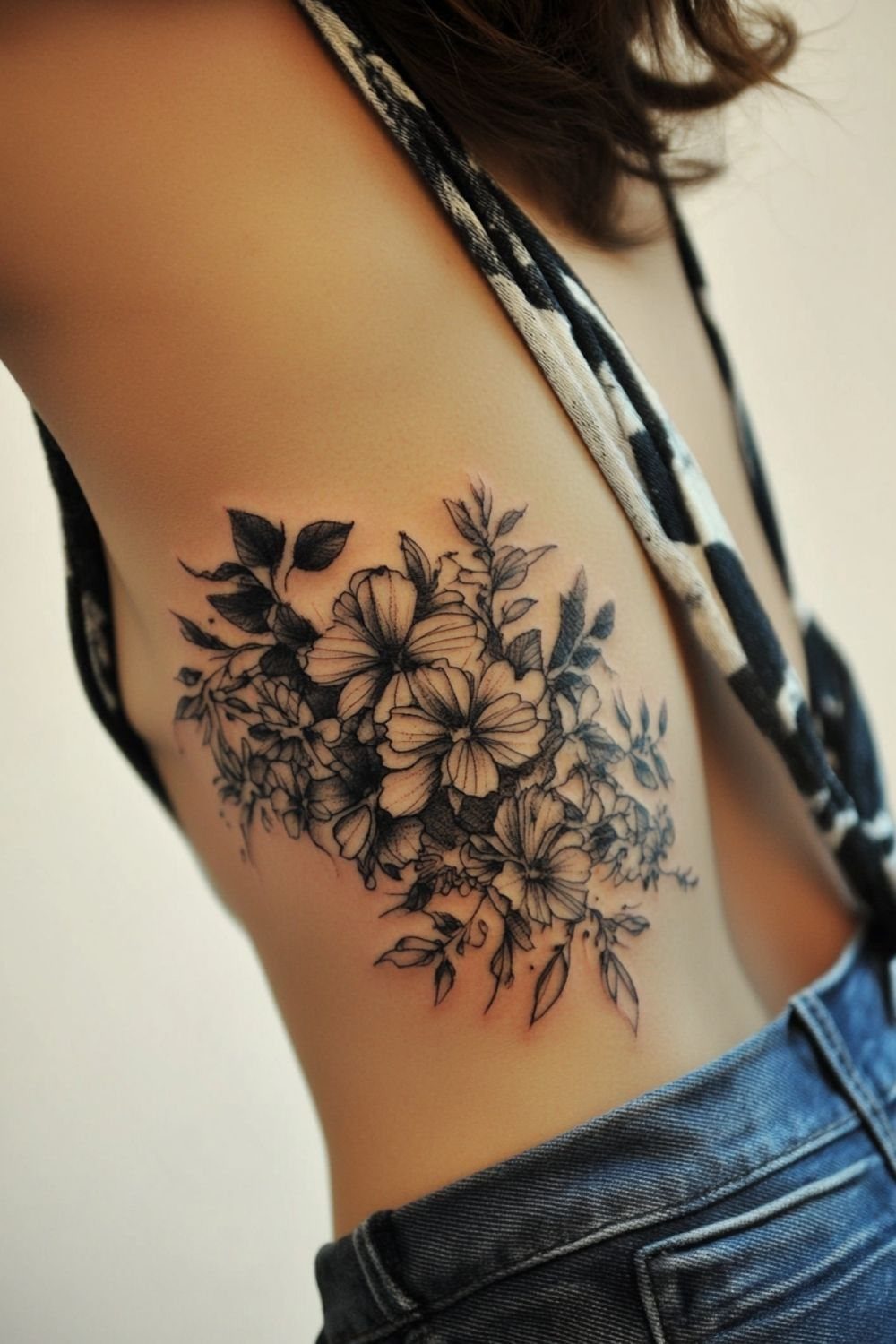 Black ink floral tattoo on a woman's ribcage featuring large blooming flowers and leaves.