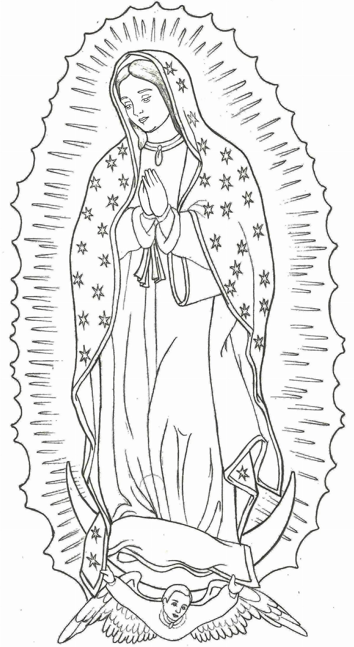 Virgin Mary line art standing on a crescent moon with a sunburst halo