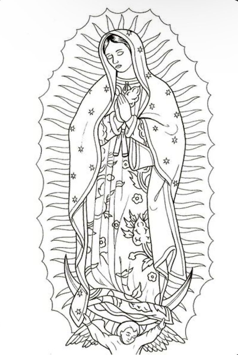 Line drawing of Virgin Mary wearing a floral gown and star-patterned cloak.