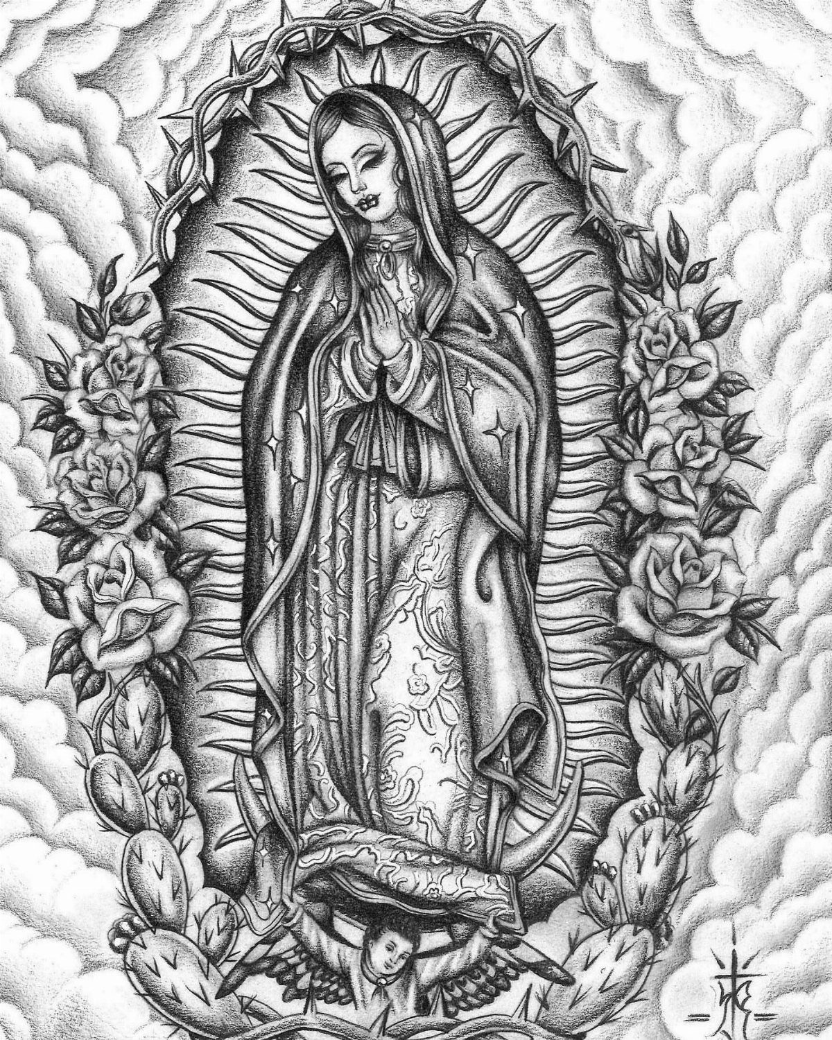 Virgin Mary drawing with a radiating sunburst halo, roses, and a star-patterned cloak.