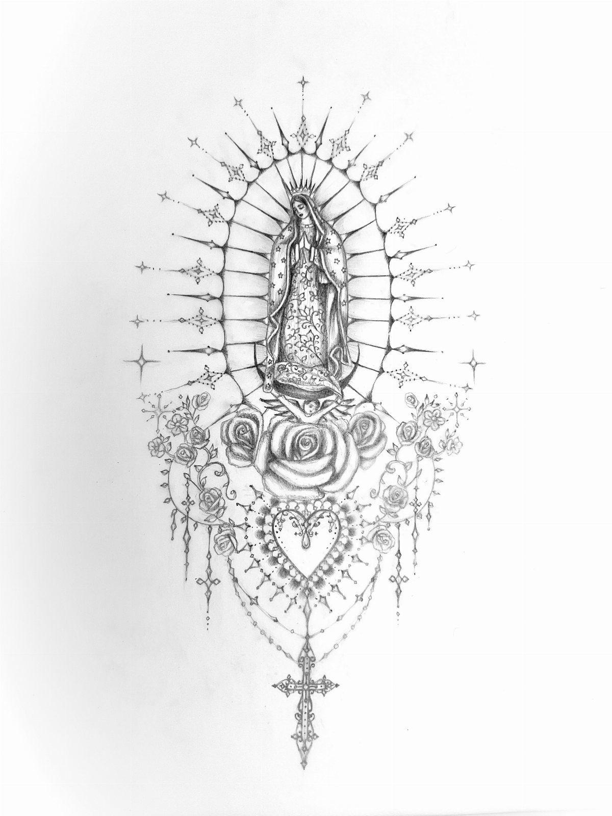 Virgin Mary drawing with a sunburst halo and roses at the base.