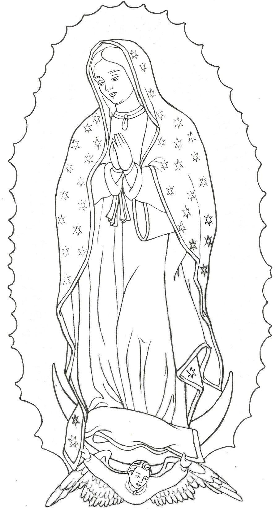 Virgin Mary line art wearing a star-patterned cloak standing on a crescent moon