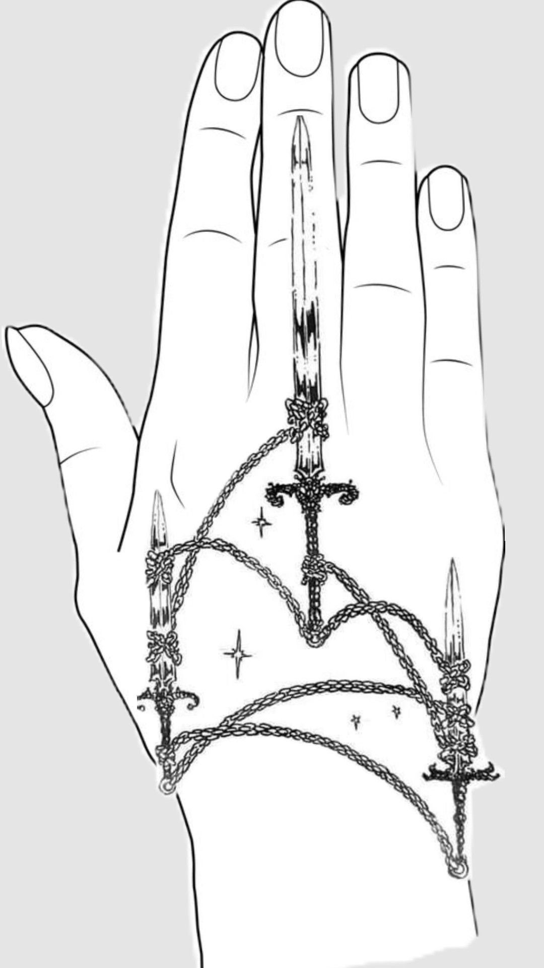 Hand drawing of daggers and chains tattoo design in black ink