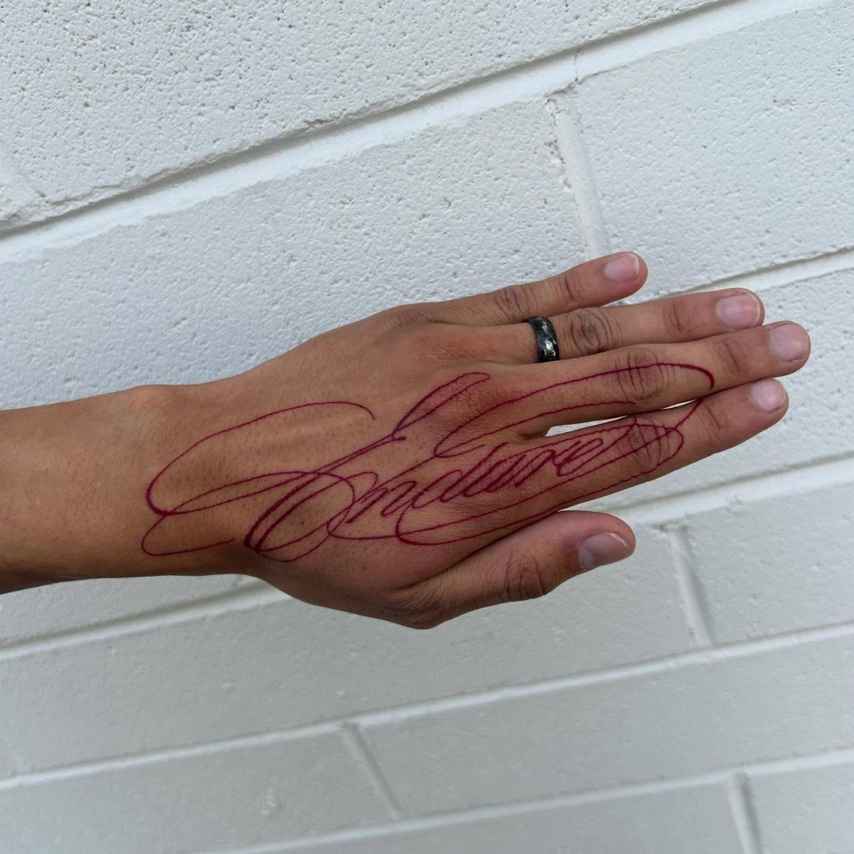 15 Hand Pen Tattoo Ideas for Spider Webs, Flowers and More 9 Hand with a red cursive text tattoo reading Endure against a white brick wall