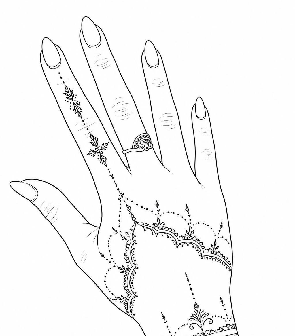 Hand drawing with intricate henna patterns, floral motifs, and a decorative ring.