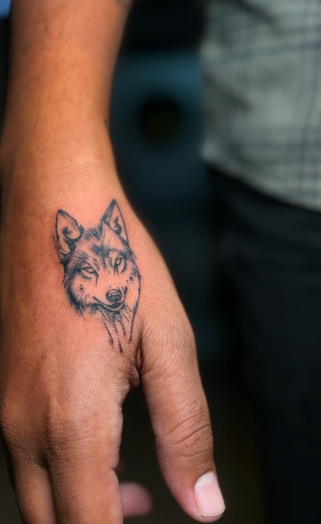 Wolf head tattoo on the back of a person's hand.