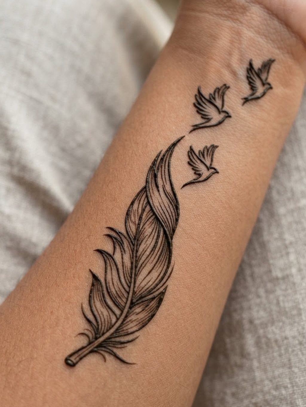 6 Hand Tattoo Henna Style Ideas for Every Taste 2 Black ink tattoo of a feather turning into three birds on a wrist.