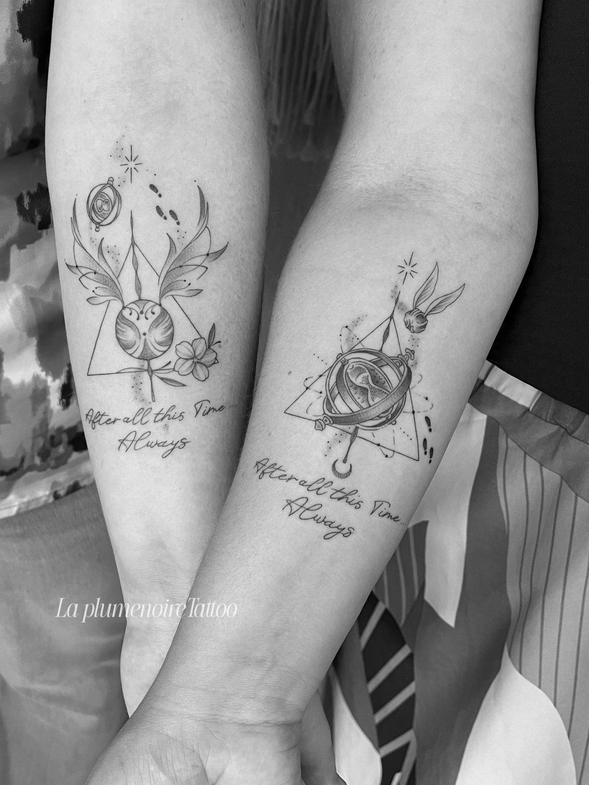 Two forearm tattoos featuring the Deathly Hallows symbol and a detailed Time-Turner design.