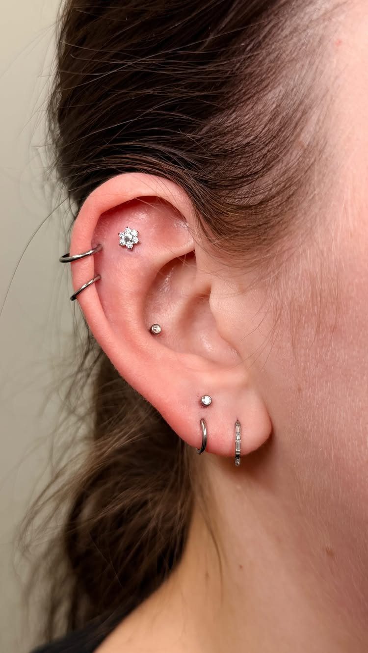 Right ear with double helix hoops, cartilage studs, and multiple lobe piercings.