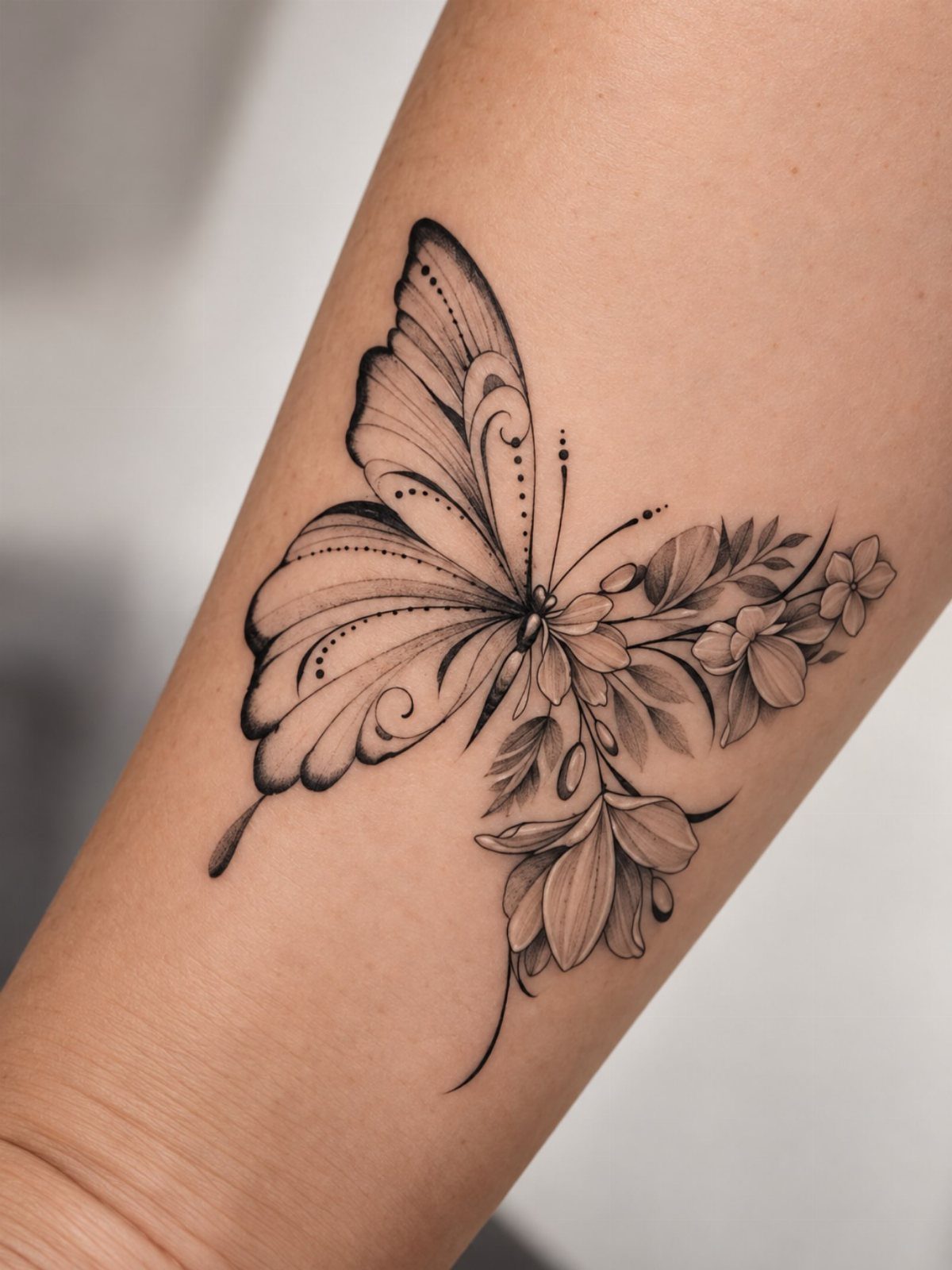 Butterfly tattoo on a forearm with one wing made of floral elements.