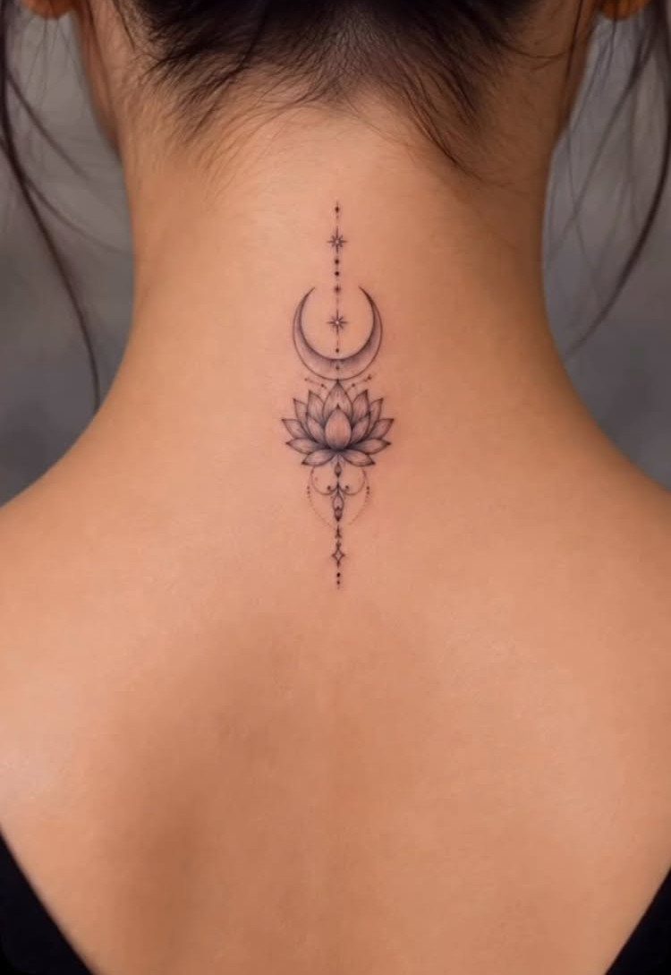 Lotus flower and crescent moon tattoo on the back of a woman's neck.
