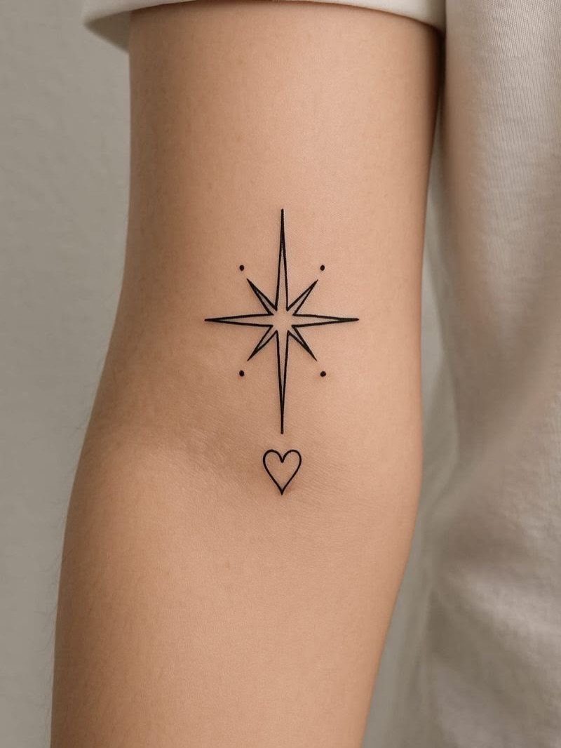 Small black ink star and heart tattoos on a person's inner arm.