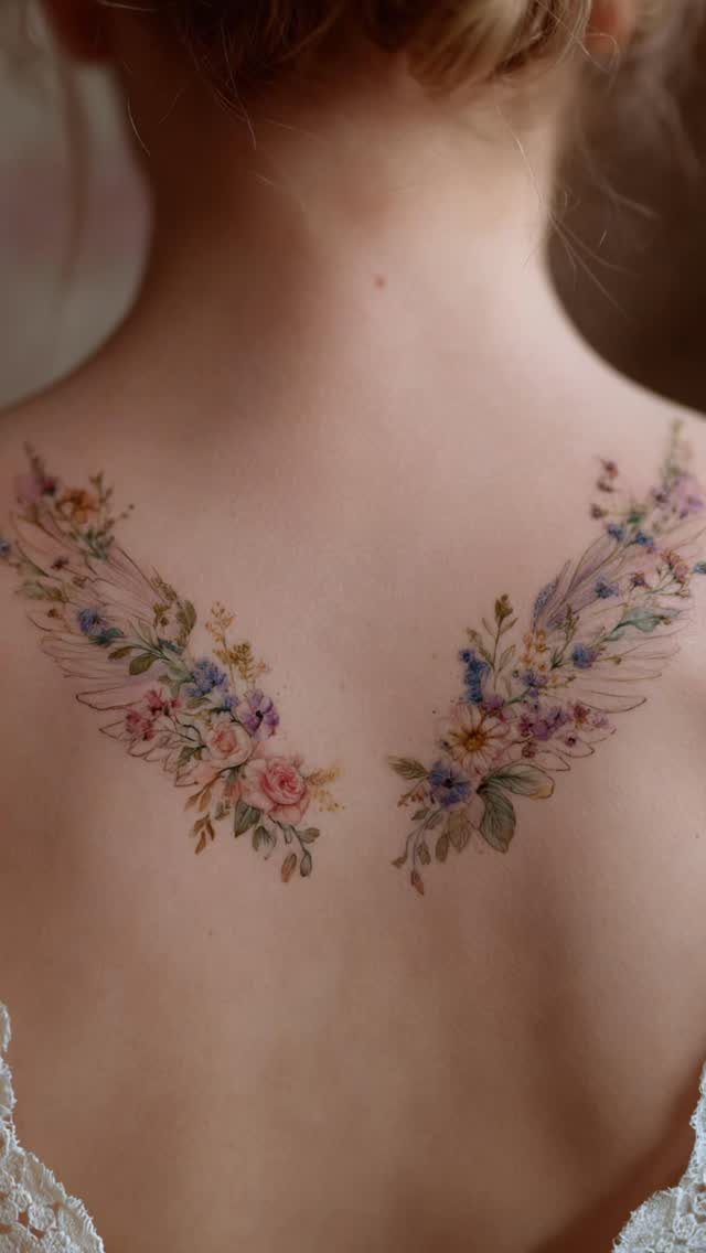 Floral wing tattoos on a woman's upper back with colorful blossoms and feathers.