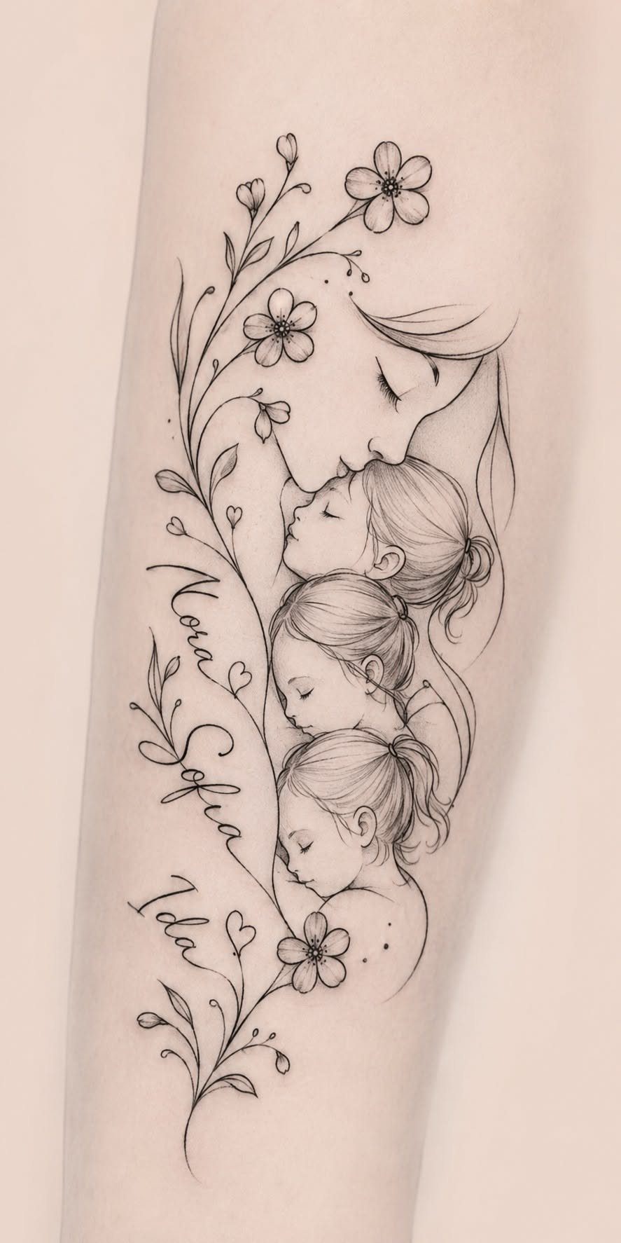 Tattoo of a mother and three daughters with floral vines and names.