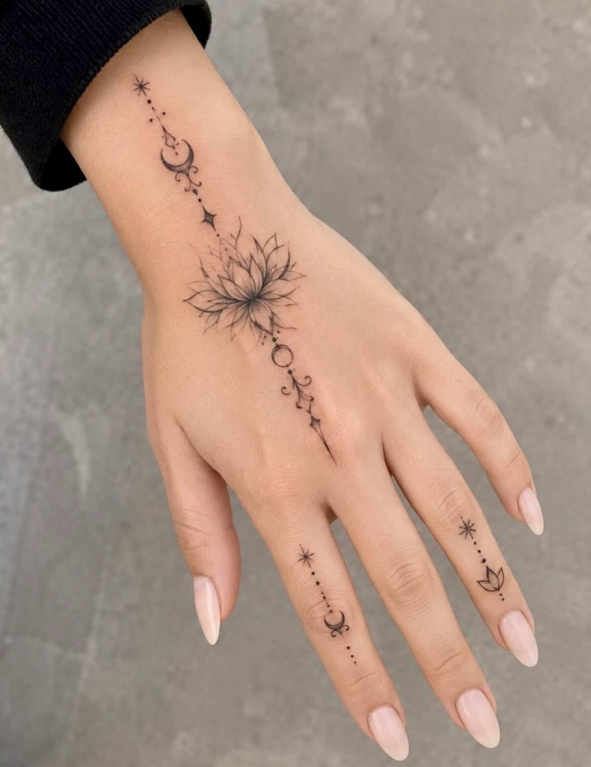 Hand with black ink tattoos featuring a lotus flower and celestial symbols.