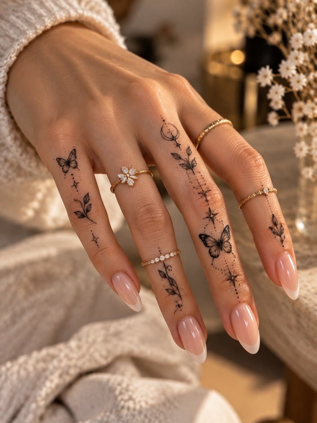 Hand with small black tattoos of butterflies and leaves and gold rings.
