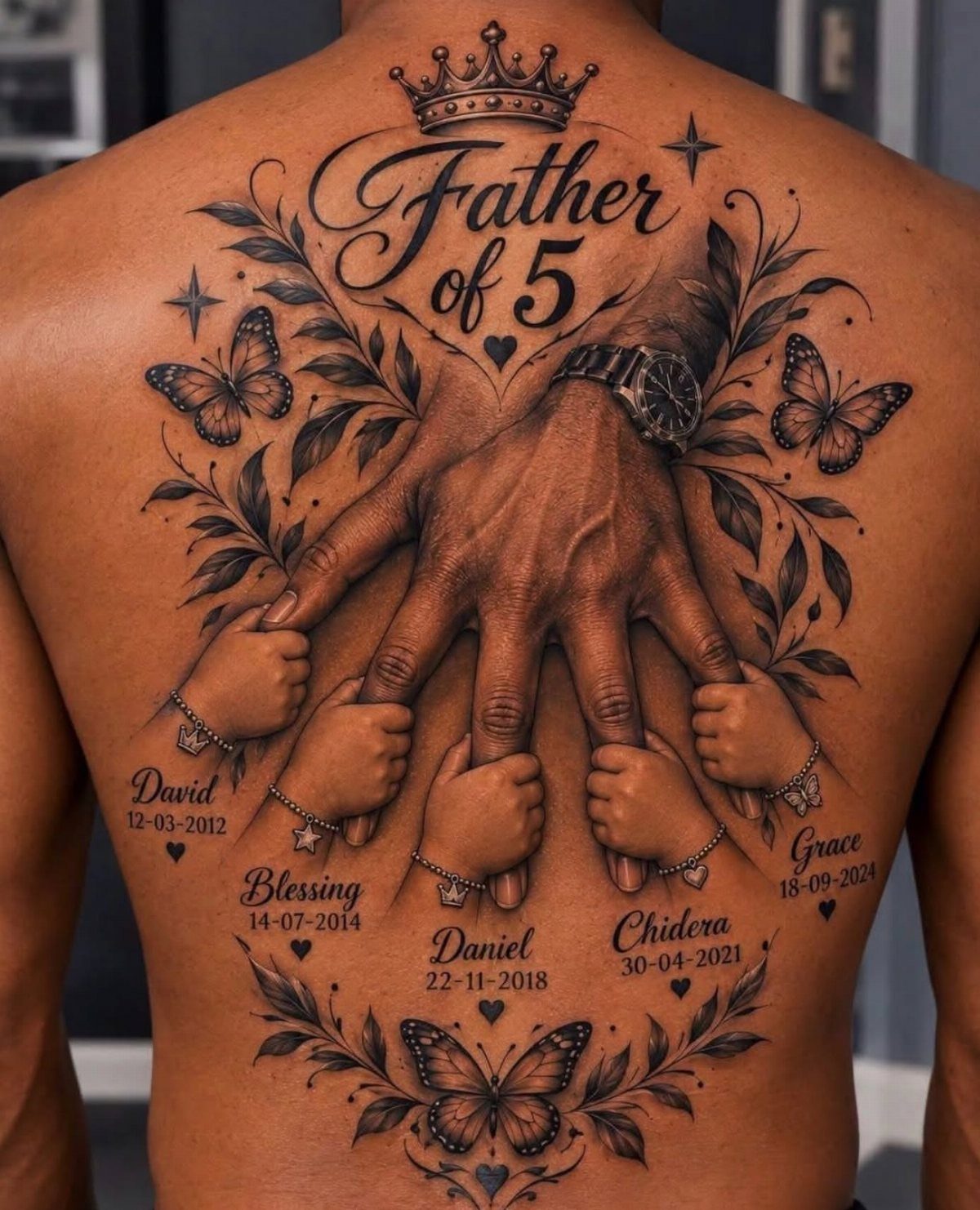 8 Pro Black Tattoos Ideas for Bold, Meaningful Ink 4 Tattoo on a man's back showing a father's hand held by five children's hands.