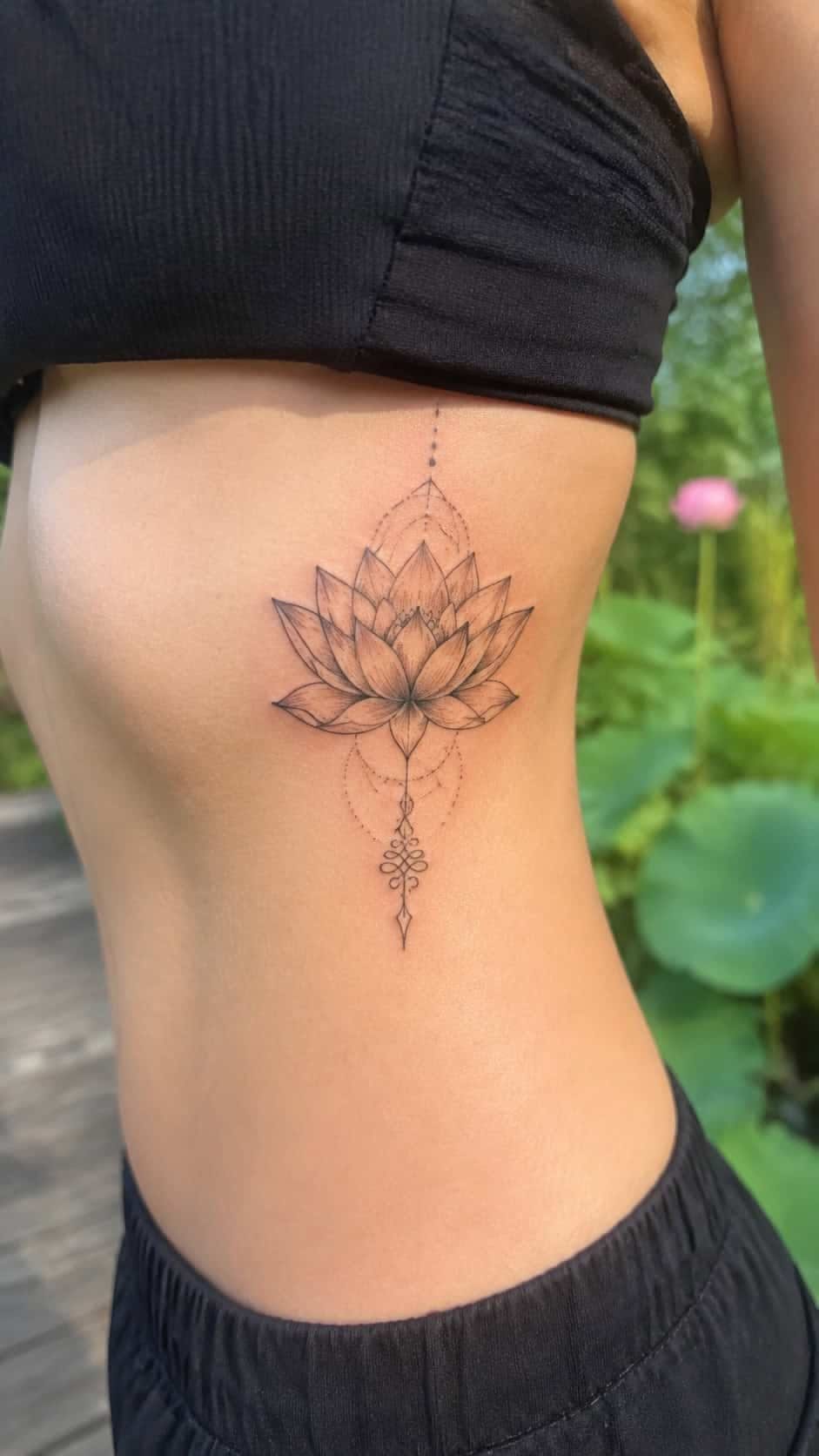 Rib Tattoos for Women: 9 Floral, Celestial and Script Ideas 4 Lotus flower tattoo with geometric celestial elements on a woman's ribcage.