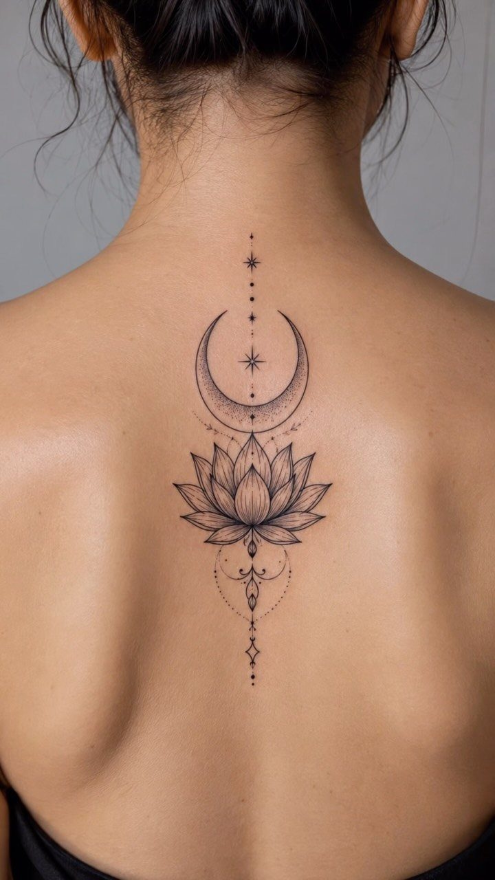 26 Self Tattoo Ideas for Simple, Meaningful Ink 15 Black ink tattoo of a crescent moon and lotus flower on a person's back