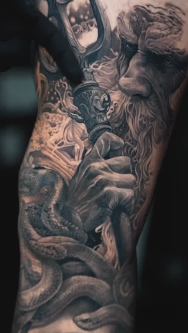 9 Side Arm Tattoos for Animals, Script, Florals and More 7 Mythological tattoo on an arm featuring a bearded man and coiled snakes.