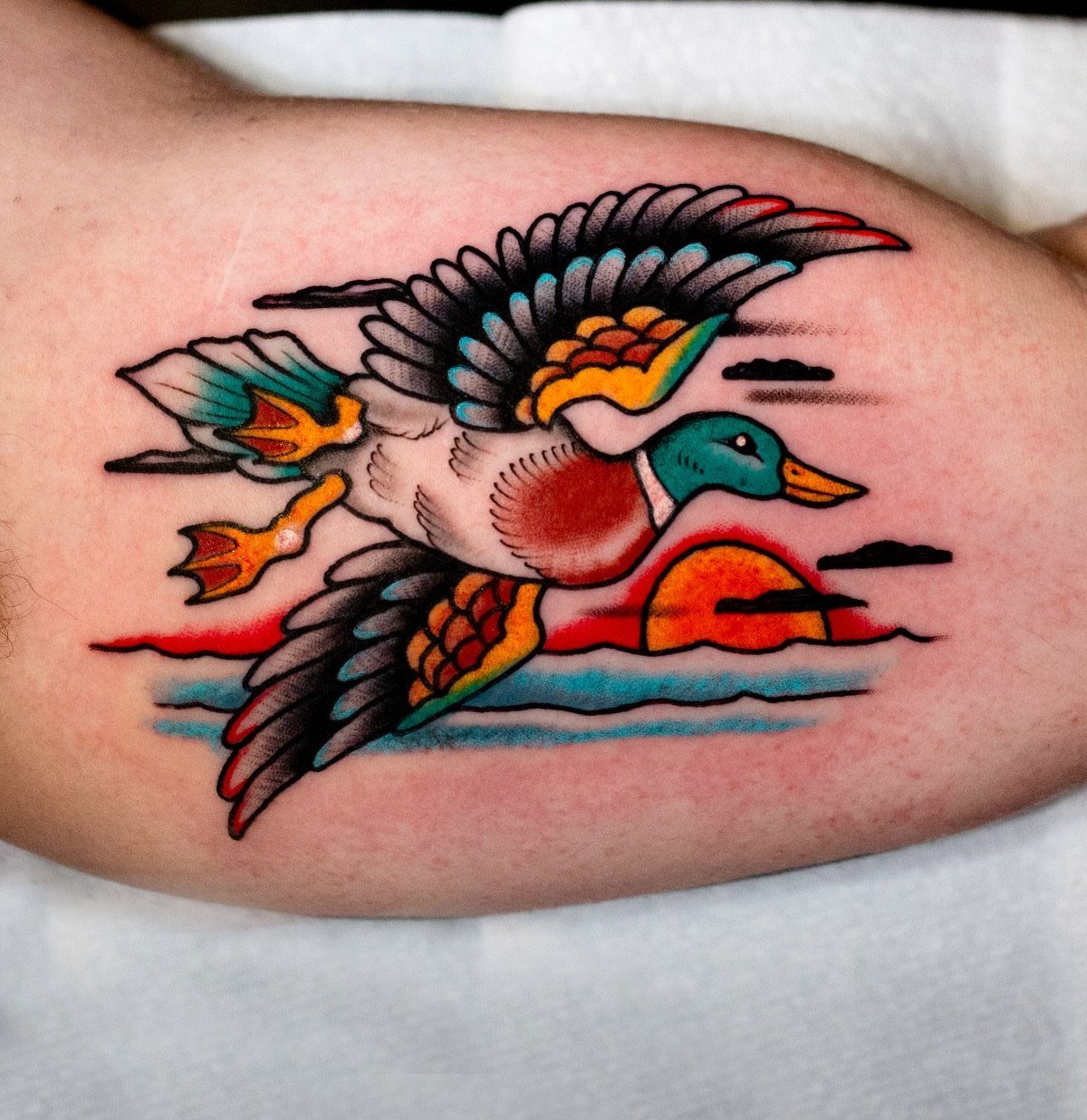 Traditional style mallard duck tattoo with a sunset on a person's bicep