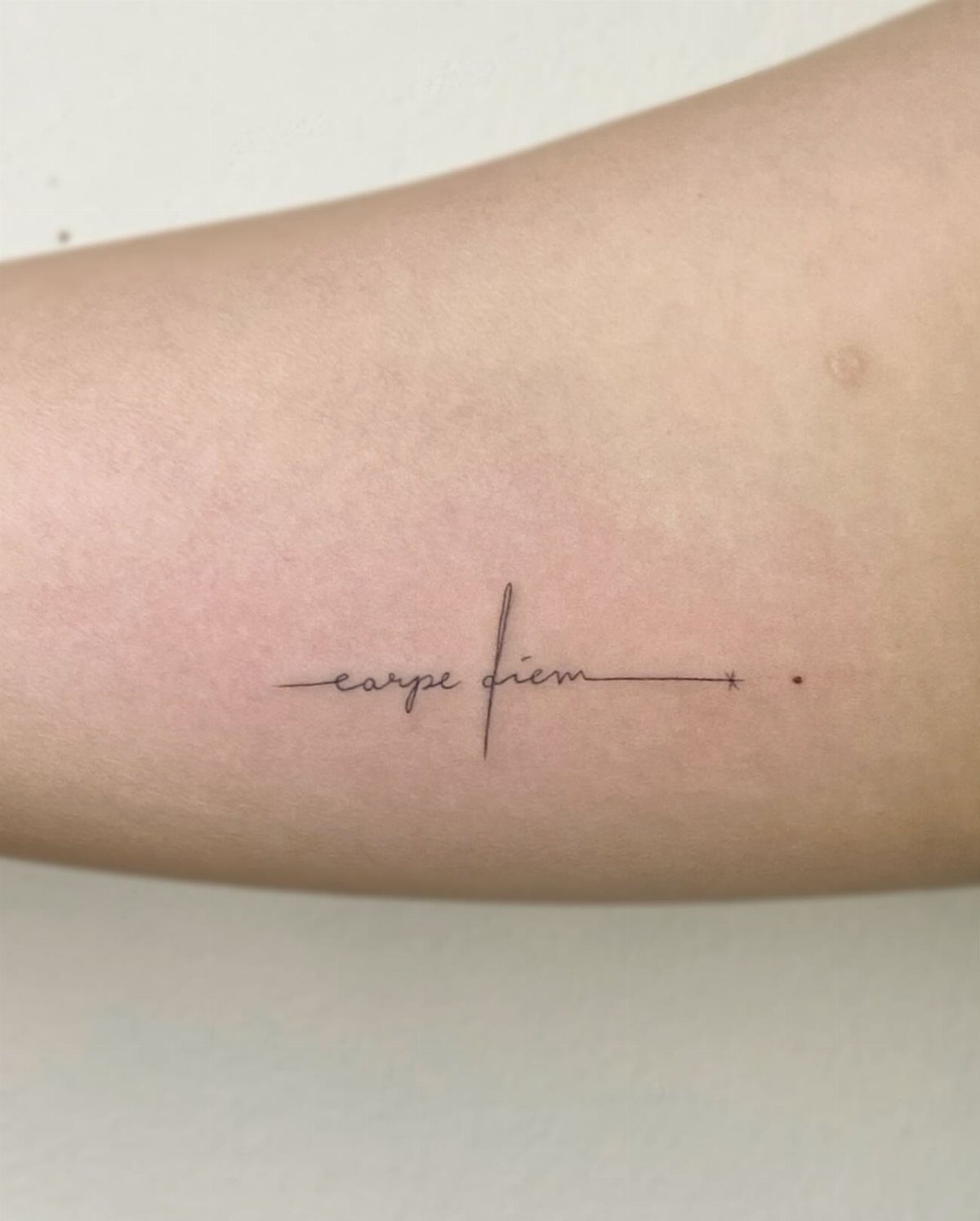 Small black script tattoo reading carpe diem on a person's inner bicep.