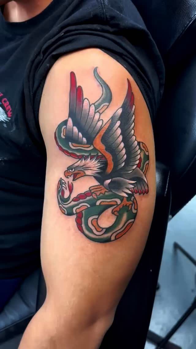 Bald eagle and snake traditional tattoo on a person's upper arm bicep