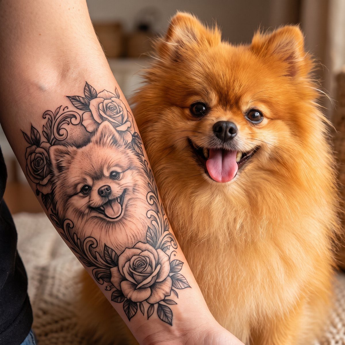 Pomeranian dog tattoo with roses on a forearm next to a real Pomeranian dog.
