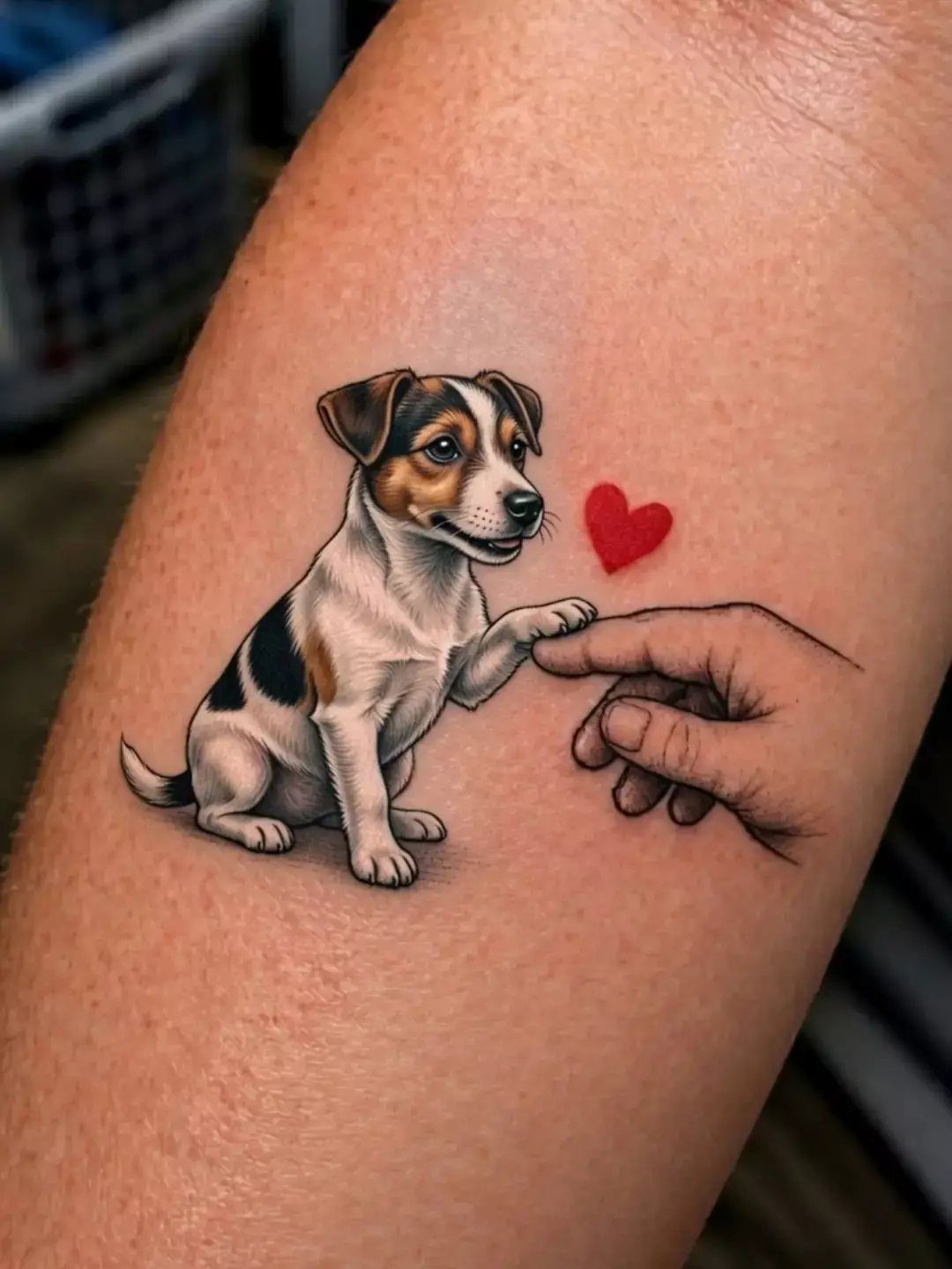Small brown and white dog tattoo giving a high-five to a human hand