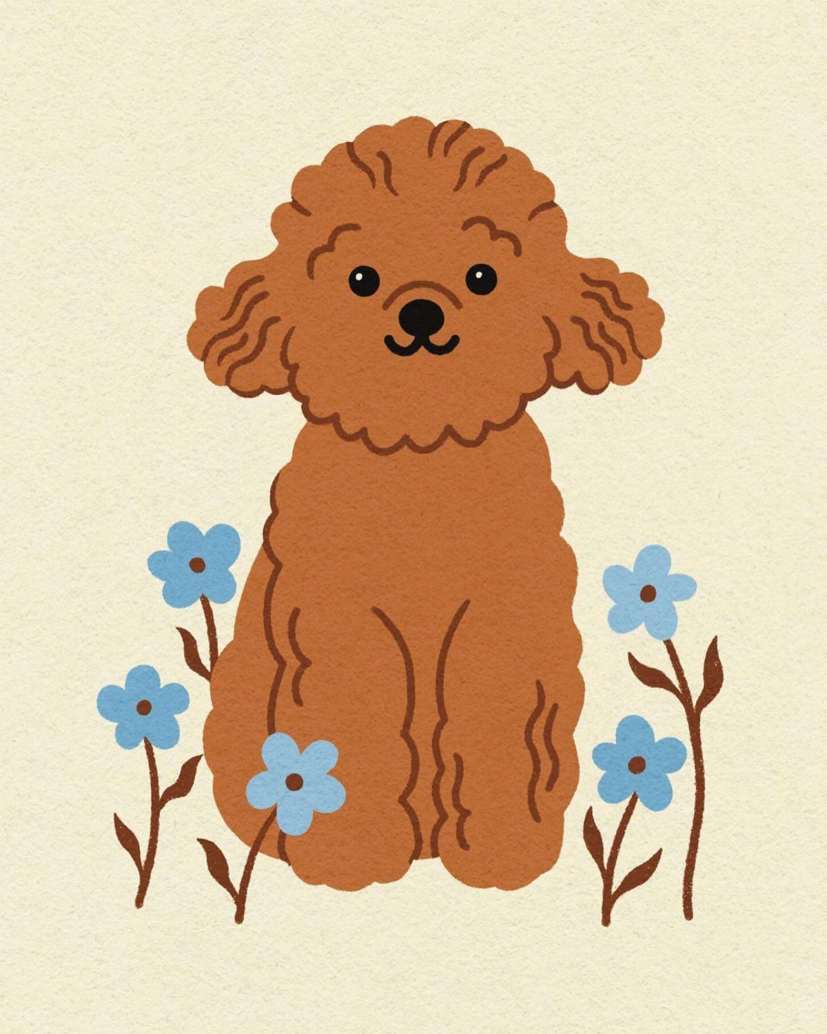 Brown curly dog illustration sitting among small blue flowers on cream background